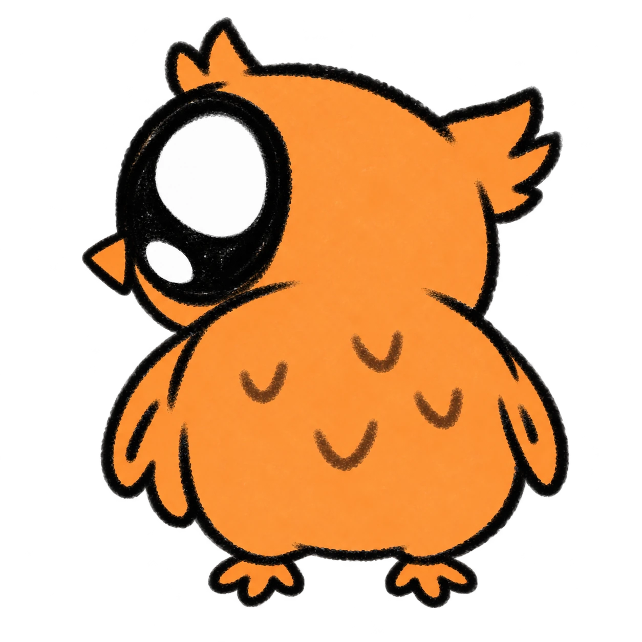 OWLO turns his head left over his shoulder, showing his orange back